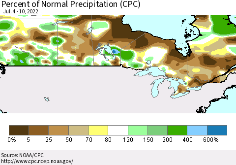 Canada Percent of Normal Precipitation (CPC) Thematic Map For 7/4/2022 - 7/10/2022