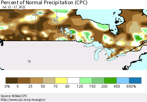 Canada Percent of Normal Precipitation (CPC) Thematic Map For 7/11/2022 - 7/17/2022