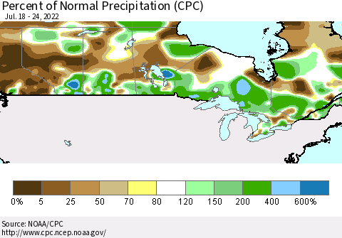Canada Percent of Normal Precipitation (CPC) Thematic Map For 7/18/2022 - 7/24/2022