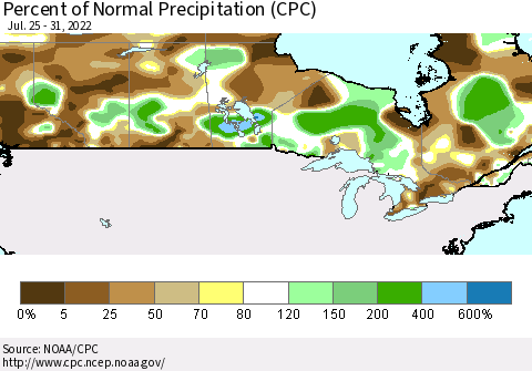 Canada Percent of Normal Precipitation (CPC) Thematic Map For 7/25/2022 - 7/31/2022