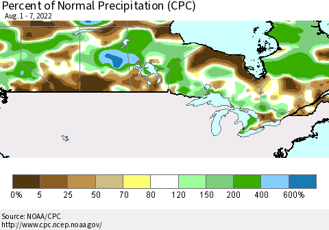 Canada Percent of Normal Precipitation (CPC) Thematic Map For 8/1/2022 - 8/7/2022