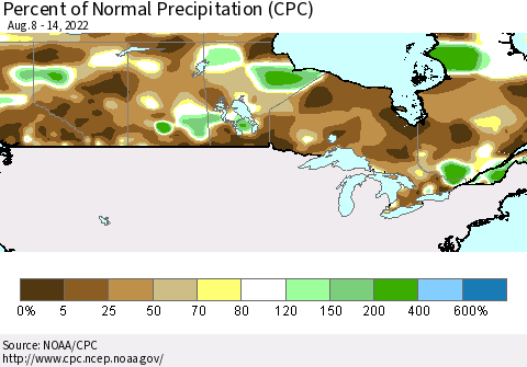 Canada Percent of Normal Precipitation (CPC) Thematic Map For 8/8/2022 - 8/14/2022