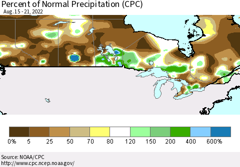 Canada Percent of Normal Precipitation (CPC) Thematic Map For 8/15/2022 - 8/21/2022