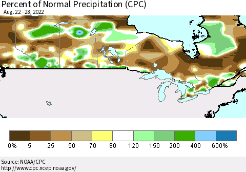 Canada Percent of Normal Precipitation (CPC) Thematic Map For 8/22/2022 - 8/28/2022