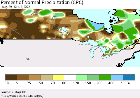 Canada Percent of Normal Precipitation (CPC) Thematic Map For 8/29/2022 - 9/4/2022