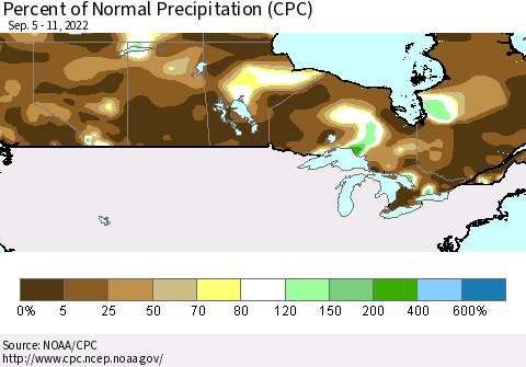 Canada Percent of Normal Precipitation (CPC) Thematic Map For 9/5/2022 - 9/11/2022