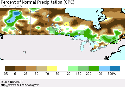 Canada Percent of Normal Precipitation (CPC) Thematic Map For 9/12/2022 - 9/18/2022