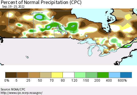 Canada Percent of Normal Precipitation (CPC) Thematic Map For 9/19/2022 - 9/25/2022