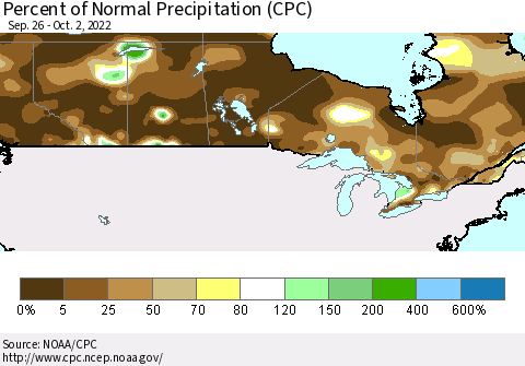 Canada Percent of Normal Precipitation (CPC) Thematic Map For 9/26/2022 - 10/2/2022