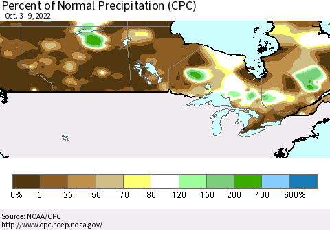 Canada Percent of Normal Precipitation (CPC) Thematic Map For 10/3/2022 - 10/9/2022