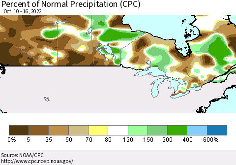 Canada Percent of Normal Precipitation (CPC) Thematic Map For 10/10/2022 - 10/16/2022