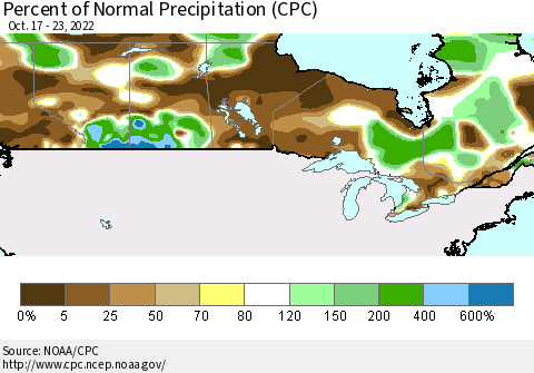 Canada Percent of Normal Precipitation (CPC) Thematic Map For 10/17/2022 - 10/23/2022