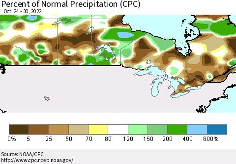 Canada Percent of Normal Precipitation (CPC) Thematic Map For 10/24/2022 - 10/30/2022