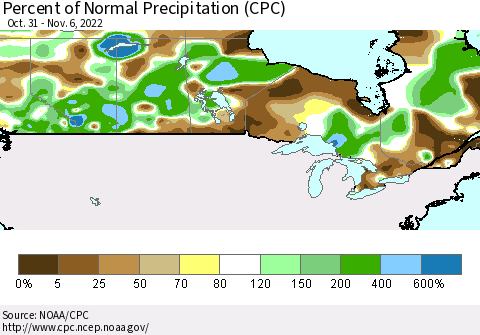 Canada Percent of Normal Precipitation (CPC) Thematic Map For 10/31/2022 - 11/6/2022
