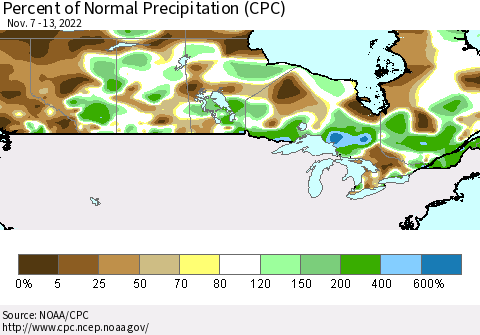 Canada Percent of Normal Precipitation (CPC) Thematic Map For 11/7/2022 - 11/13/2022