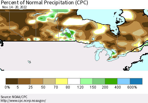 Canada Percent of Normal Precipitation (CPC) Thematic Map For 11/14/2022 - 11/20/2022