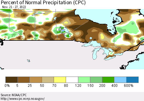 Canada Percent of Normal Precipitation (CPC) Thematic Map For 11/21/2022 - 11/27/2022