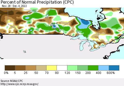 Canada Percent of Normal Precipitation (CPC) Thematic Map For 11/28/2022 - 12/4/2022