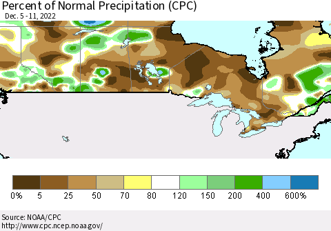 Canada Percent of Normal Precipitation (CPC) Thematic Map For 12/5/2022 - 12/11/2022