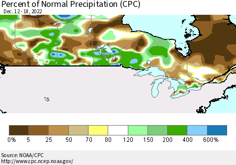 Canada Percent of Normal Precipitation (CPC) Thematic Map For 12/12/2022 - 12/18/2022