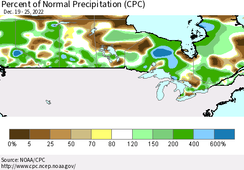 Canada Percent of Normal Precipitation (CPC) Thematic Map For 12/19/2022 - 12/25/2022