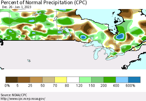 Canada Percent of Normal Precipitation (CPC) Thematic Map For 12/26/2022 - 1/1/2023