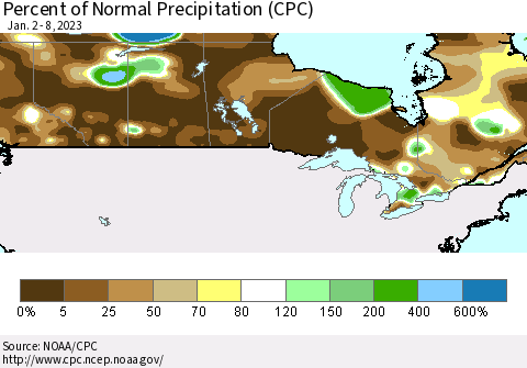 Canada Percent of Normal Precipitation (CPC) Thematic Map For 1/2/2023 - 1/8/2023