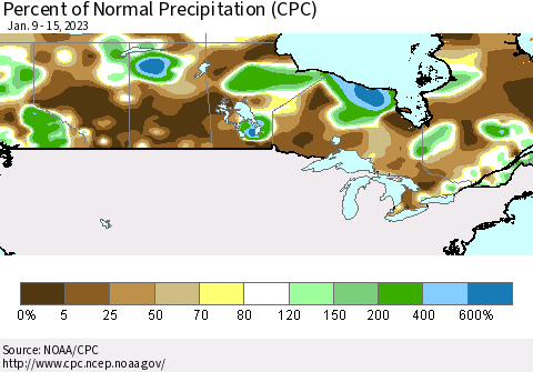 Canada Percent of Normal Precipitation (CPC) Thematic Map For 1/9/2023 - 1/15/2023