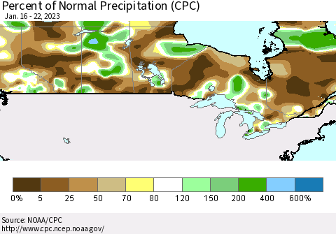 Canada Percent of Normal Precipitation (CPC) Thematic Map For 1/16/2023 - 1/22/2023