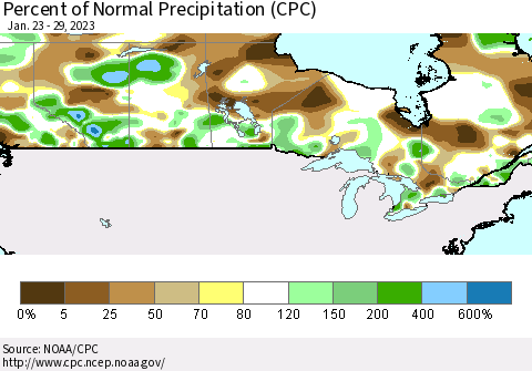 Canada Percent of Normal Precipitation (CPC) Thematic Map For 1/23/2023 - 1/29/2023