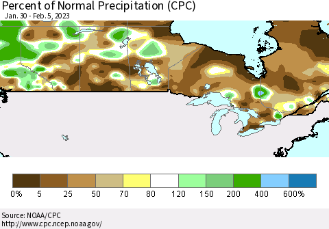 Canada Percent of Normal Precipitation (CPC) Thematic Map For 1/30/2023 - 2/5/2023