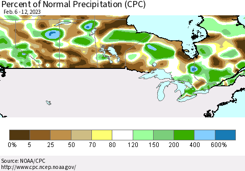 Canada Percent of Normal Precipitation (CPC) Thematic Map For 2/6/2023 - 2/12/2023