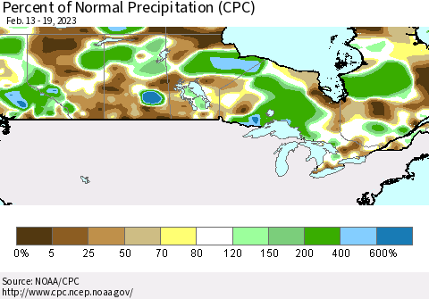 Canada Percent of Normal Precipitation (CPC) Thematic Map For 2/13/2023 - 2/19/2023