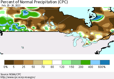 Canada Percent of Normal Precipitation (CPC) Thematic Map For 2/20/2023 - 2/26/2023