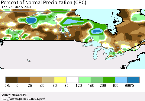 Canada Percent of Normal Precipitation (CPC) Thematic Map For 2/27/2023 - 3/5/2023