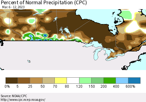 Canada Percent of Normal Precipitation (CPC) Thematic Map For 3/6/2023 - 3/12/2023