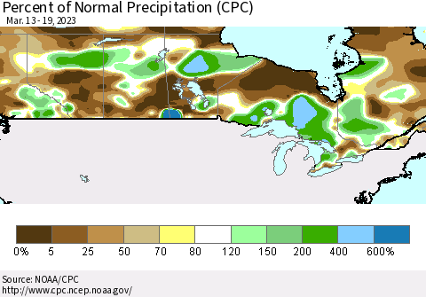 Canada Percent of Normal Precipitation (CPC) Thematic Map For 3/13/2023 - 3/19/2023