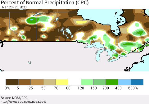 Canada Percent of Normal Precipitation (CPC) Thematic Map For 3/20/2023 - 3/26/2023