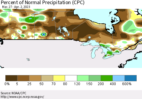 Canada Percent of Normal Precipitation (CPC) Thematic Map For 3/27/2023 - 4/2/2023