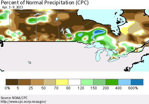 Canada Percent of Normal Precipitation (CPC) Thematic Map For 4/3/2023 - 4/9/2023