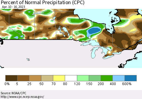 Canada Percent of Normal Precipitation (CPC) Thematic Map For 4/10/2023 - 4/16/2023