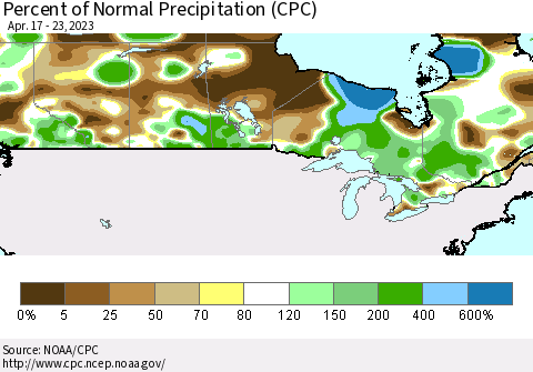 Canada Percent of Normal Precipitation (CPC) Thematic Map For 4/17/2023 - 4/23/2023