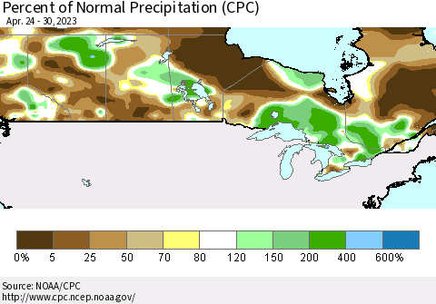 Canada Percent of Normal Precipitation (CPC) Thematic Map For 4/24/2023 - 4/30/2023