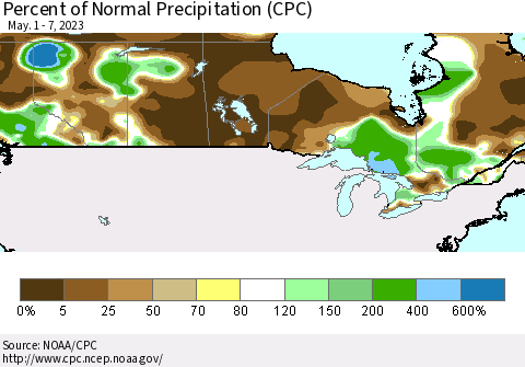 Canada Percent of Normal Precipitation (CPC) Thematic Map For 5/1/2023 - 5/7/2023