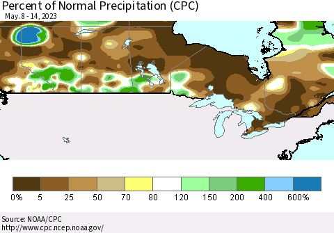 Canada Percent of Normal Precipitation (CPC) Thematic Map For 5/8/2023 - 5/14/2023