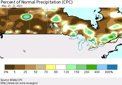 Canada Percent of Normal Precipitation (CPC) Thematic Map For 5/15/2023 - 5/21/2023