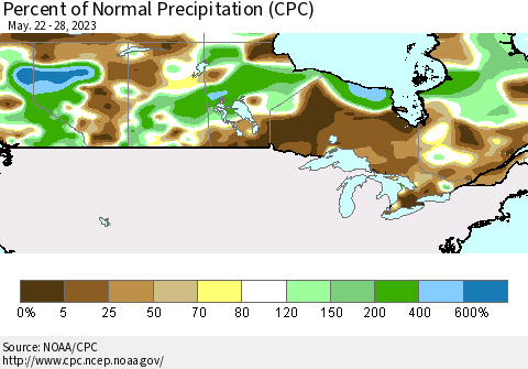 Canada Percent of Normal Precipitation (CPC) Thematic Map For 5/22/2023 - 5/28/2023