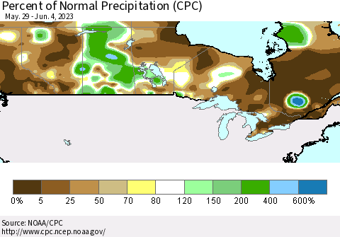 Canada Percent of Normal Precipitation (CPC) Thematic Map For 5/29/2023 - 6/4/2023