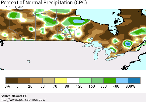 Canada Percent of Normal Precipitation (CPC) Thematic Map For 6/5/2023 - 6/11/2023