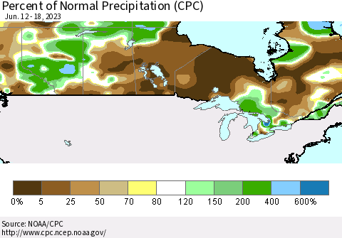 Canada Percent of Normal Precipitation (CPC) Thematic Map For 6/12/2023 - 6/18/2023
